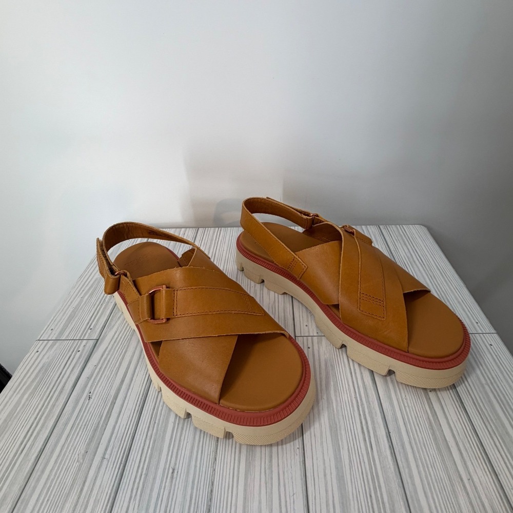 Sorel Rein Crisscross Chunky Flatform Sandals Tan Leather Suede Women 6.5 NWOT